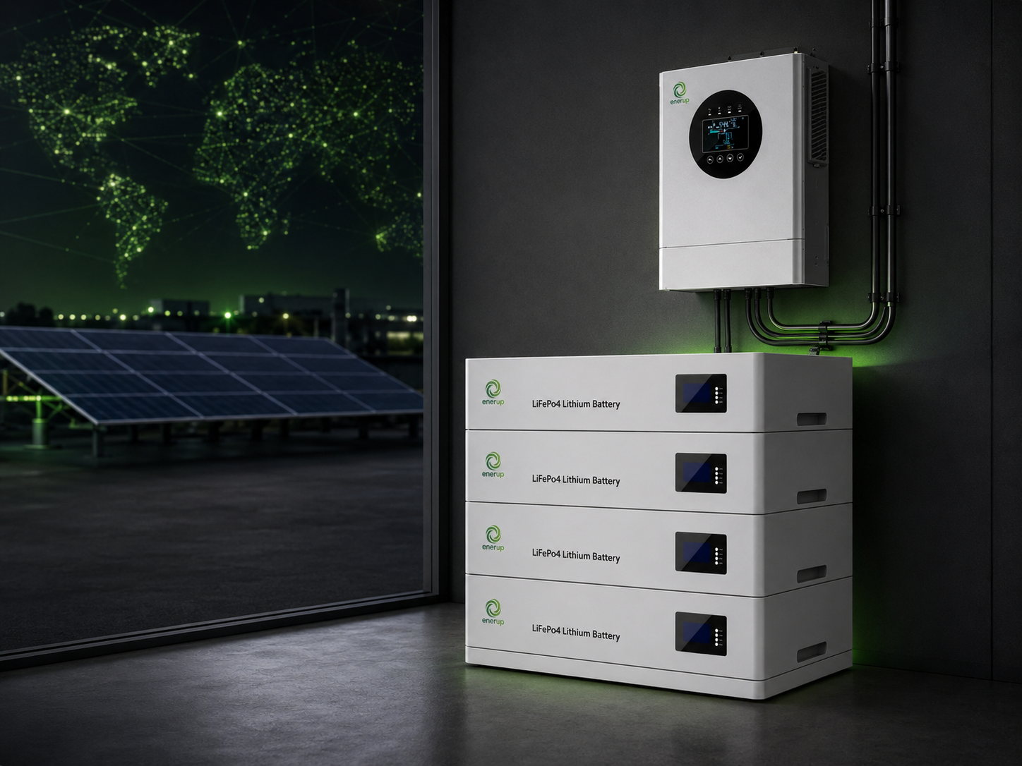 Enerup energy storage system powering a modern business, with solar and a global network backdrop